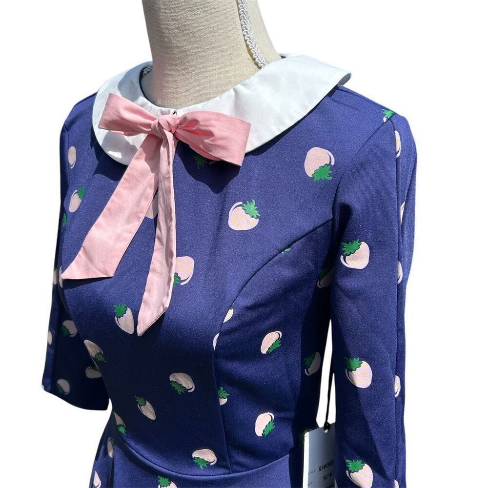 Unique Vintage Retro Inspired 50’s Navy Strawberry Fit & Flare Dress S - Picture 7 of 14